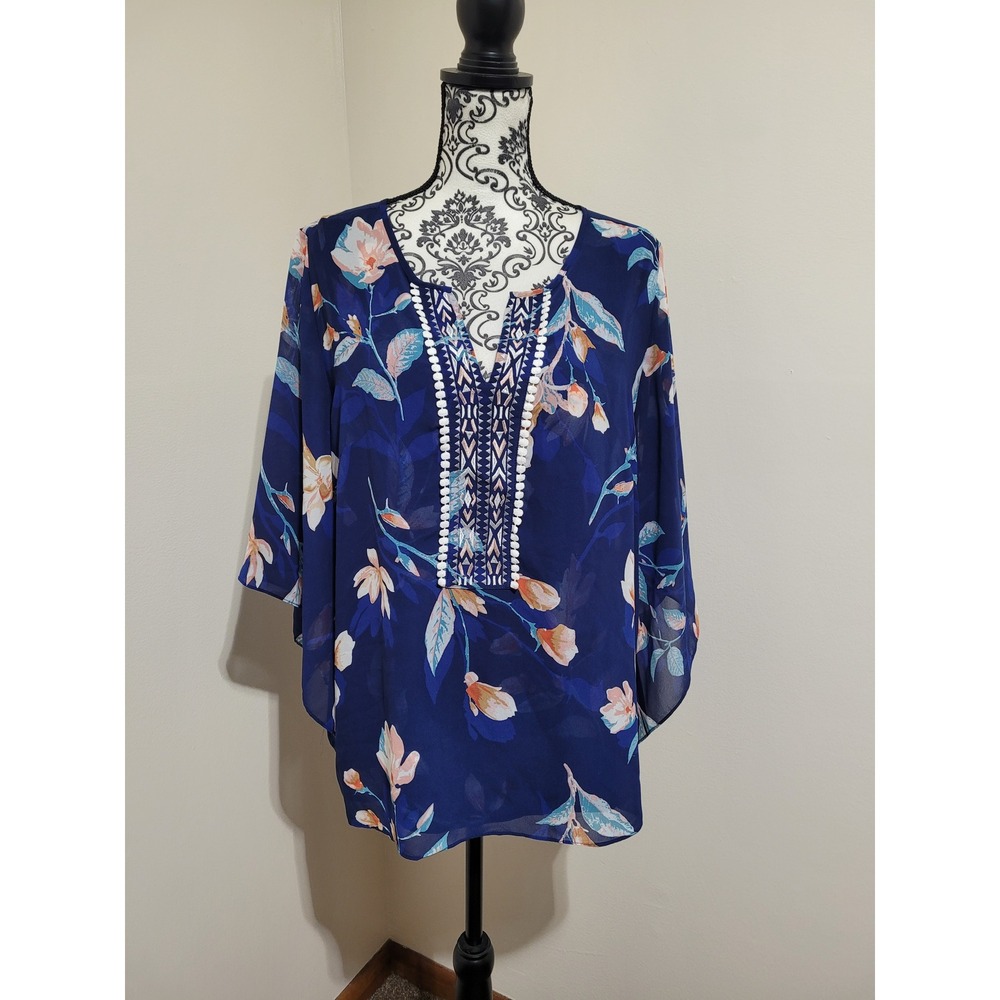 Belle by Kim Gravel‎ Floral Kaftan Blouse Womens L Navy Blue Embroidered